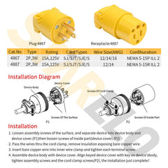 STARELO 10PCS Electrical Replacement Plug Extension Cord Ends Yellow Shell 125V 15A 2Pole 3Wire NEMA 5-15P 3-Prong Straight Blade Grounding Type UL Listed(Male).
