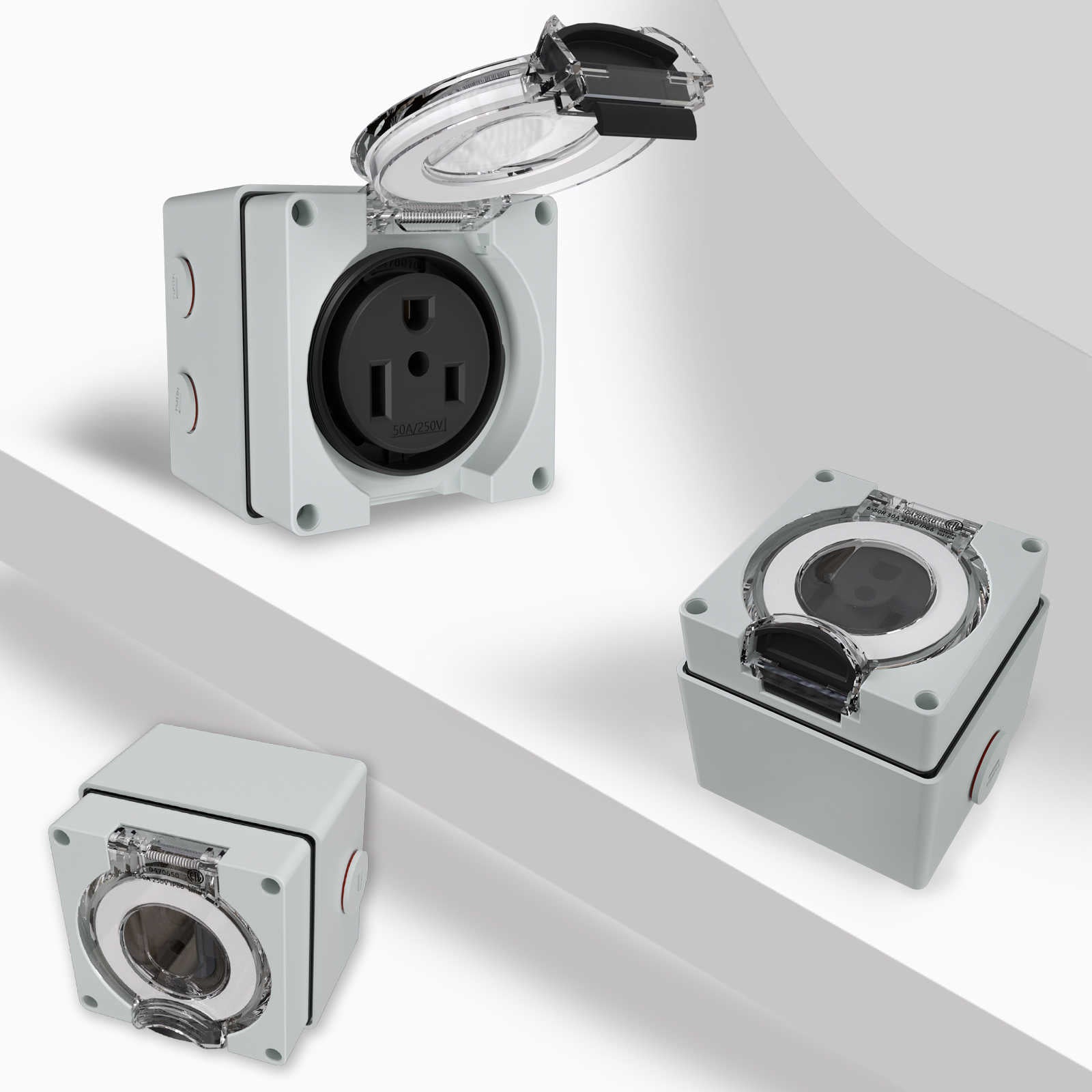 6-50R 50Amp power outlet box with three different angles