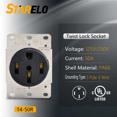 STARELO Flush Mounting Receptacle NEMA 14-50R, 50A 125/250V 3 Pole 4 Wire Grounding Straight Blade, Heavy Duty Industrial Grade Power Receptacle, UL Listed (14-50R)