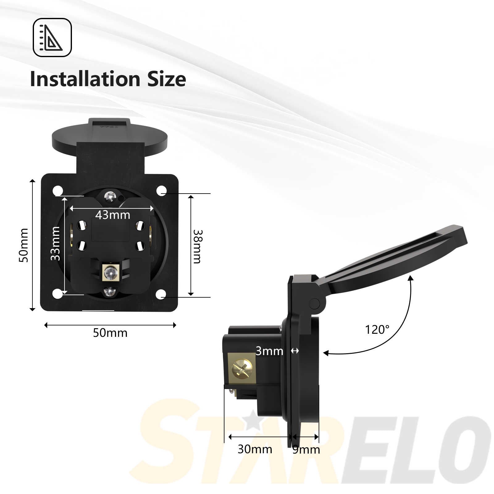 NEMA 5-15R 15Amp power outlet receptacle with cover installation size