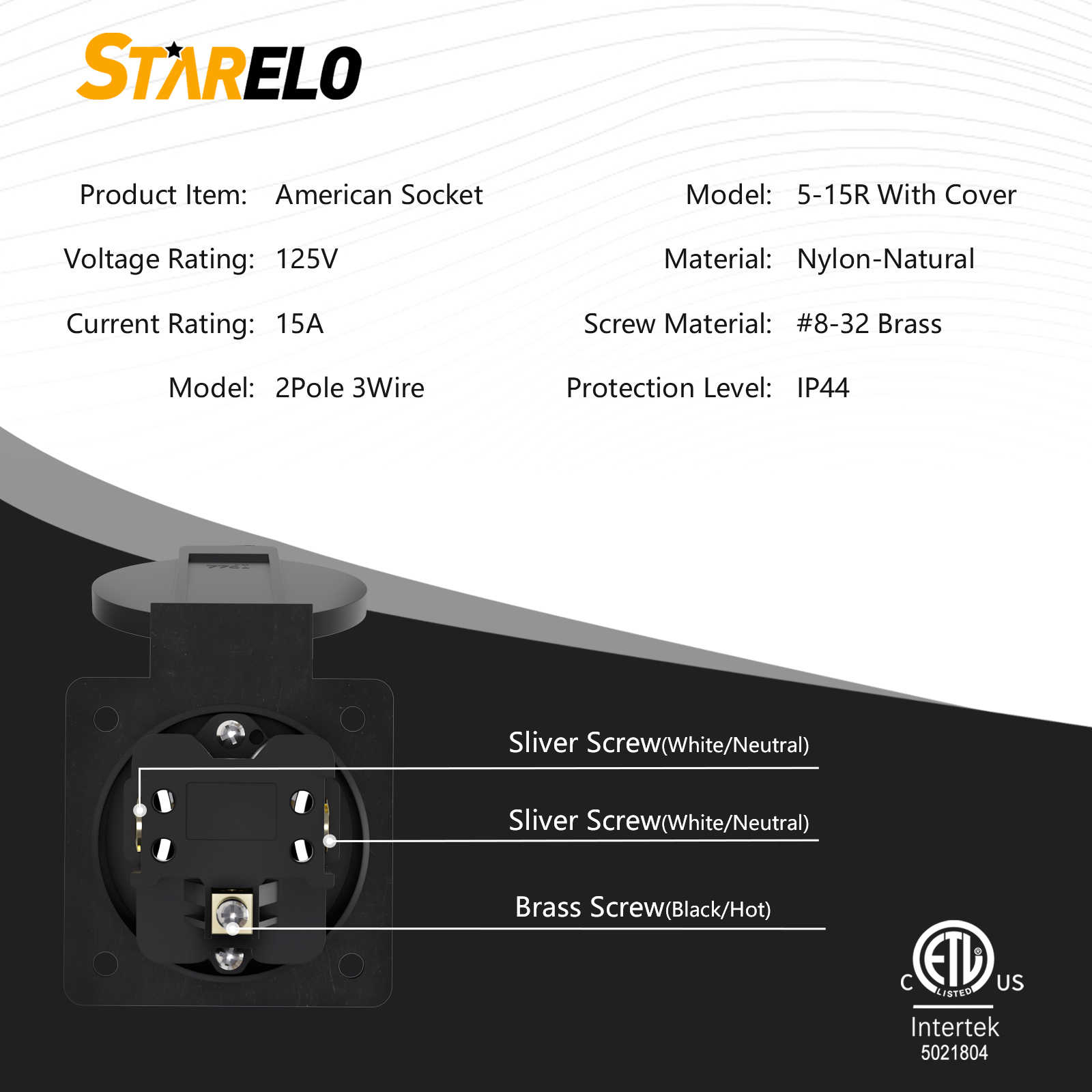 NEMA 5-15R 15Amp power outlet receptacle with cover specification and partial composition