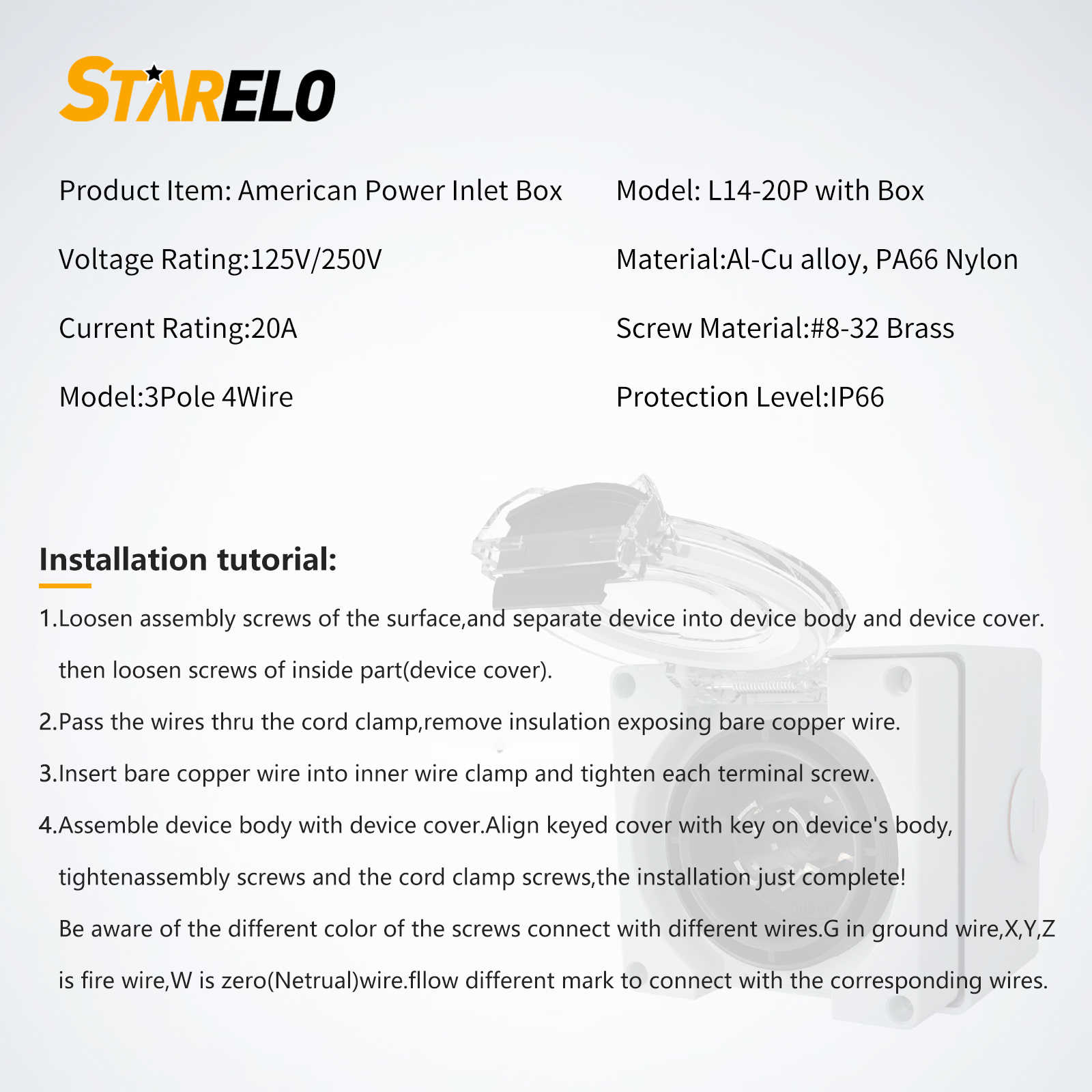 NEMA L14-20P 20 Amp Power Inlet Box 125/250 Volt, Outdoor dustproof and Weatherproof, ETL Listed.