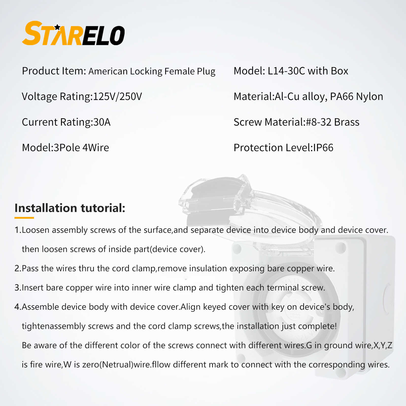 NEMA L14-30c 30Amp Locking Female Plug Box specification and installation tutorials