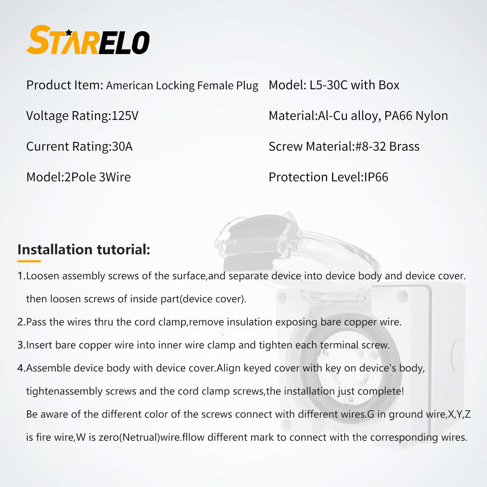 NEMA L5-30C 30Amp Locking Female Plug Box specification and installation tutorials
