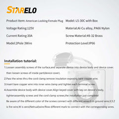 NEMA L5-30C 30Amp Locking Female Plug Box specification and installation tutorials
