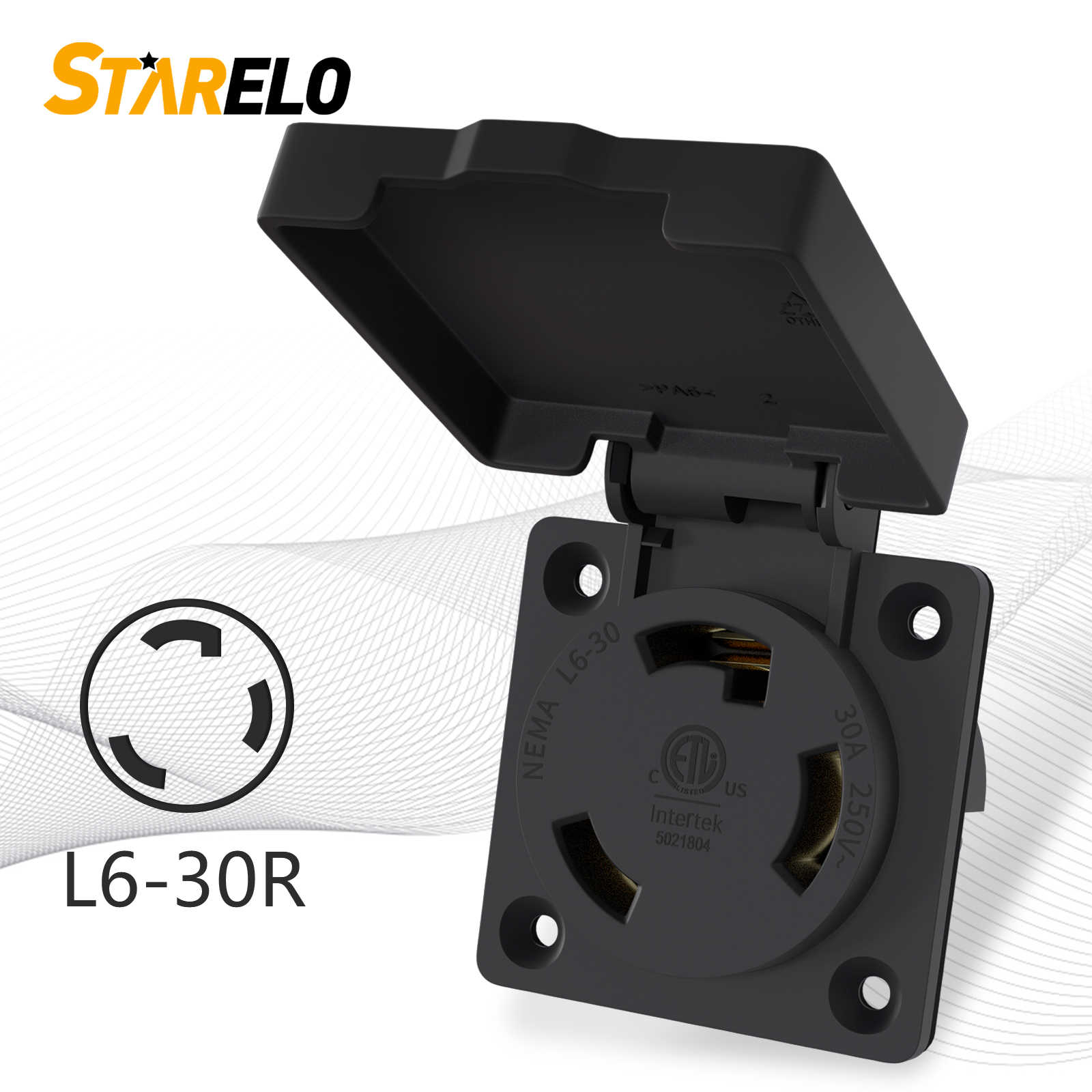 NEMA L6-30R 30Amp locking receptacle outlet with cover front view