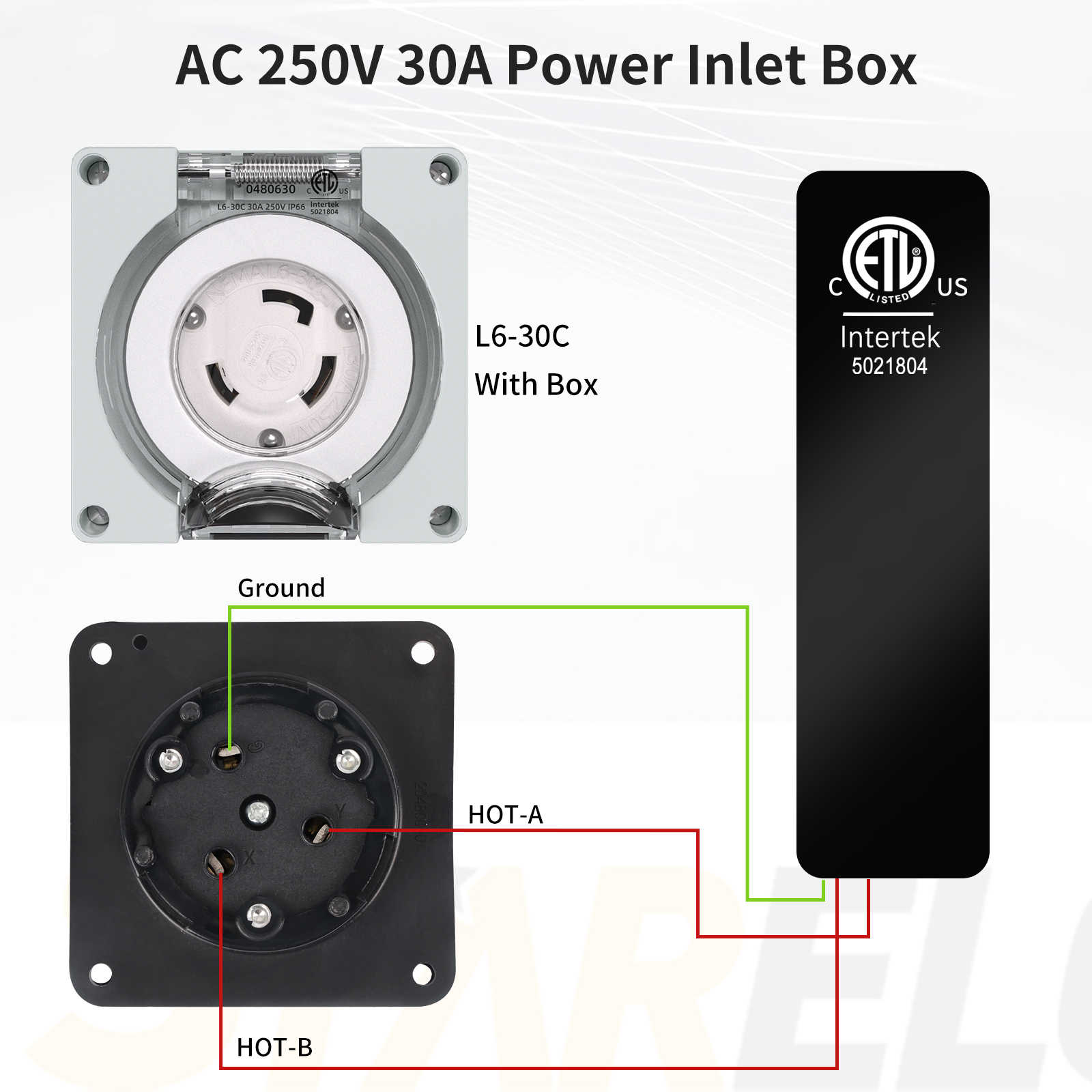 NEMA L6-30c 250v 30Amp Locking Female Plug Box wiring diagram