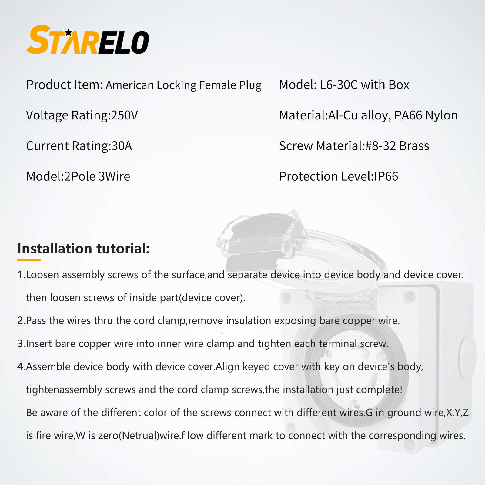 NEMA L6-30c 30Amp Locking Female Plug Box precise product size