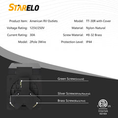 NEMA TT-30R 30Amp RV EV power outlet with cover specification and partial composition