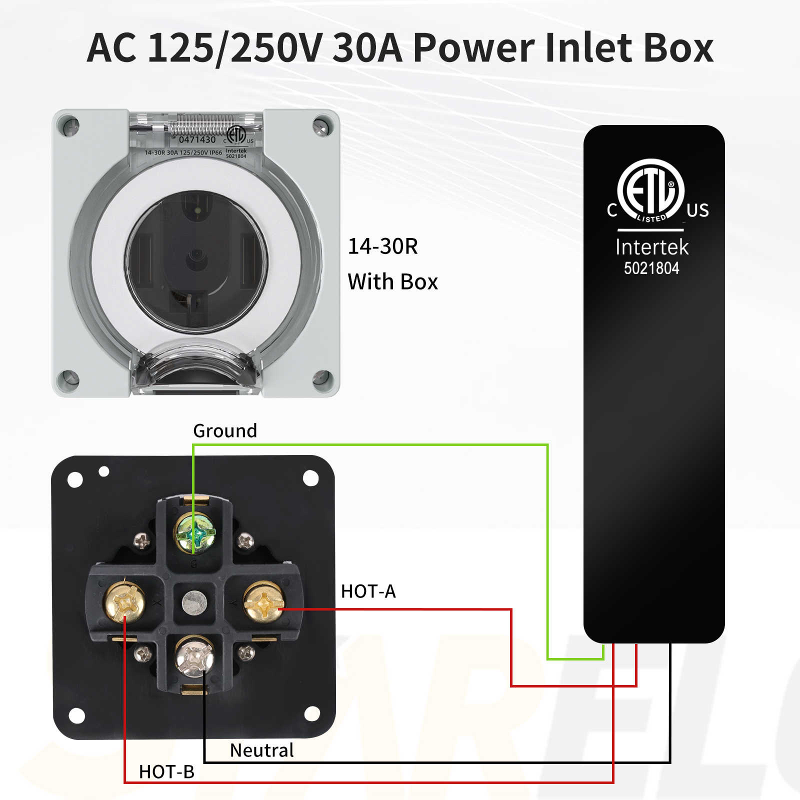 NEMA 14-30R 30Amp Power Outlet Box with wiring diagram