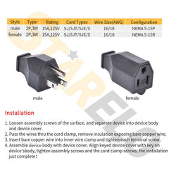 STARELO Extension Cord Ends 125V 15A 2Pole 3Wire Male Plug and Female Connector Straight Blade Plug Replacement Electrical Extension Cord End(Male & Female 2/5 Set)