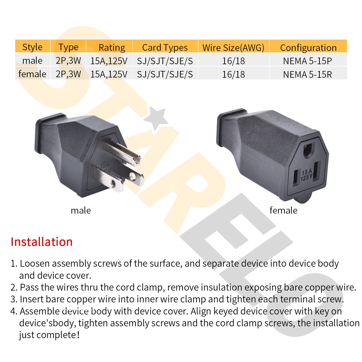 125v 15a 2pole 3wire male plug and female plug specification sheet