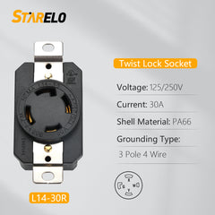 STARELO Locking Receptacle for Generator NEMA L14-30R Twist Lock Wall Outlet 30A 125/250V 3 Pole 4 Wire Grounding Electrical Receptacle Industrial Grade UL Listed (NEMA L14-30R)