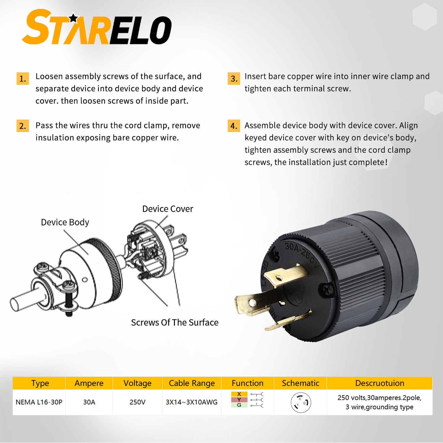 STARELO Locking Plug for Generator NEMA L6-30P Extension Cord End Male Plug 30A 250V 2 Pole 3 Wire Grounding Electrical Replacement Plug Industrial Grade UL Listed (NEMA L6-30P)