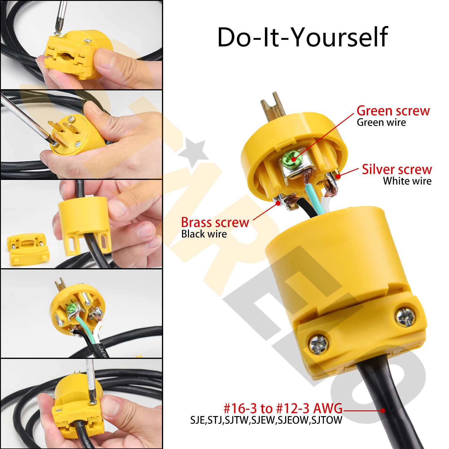3PCS Electrical Replacement Plug Extension Cord End Yellow Shell 250V 15A 2Pole 3Wire 4