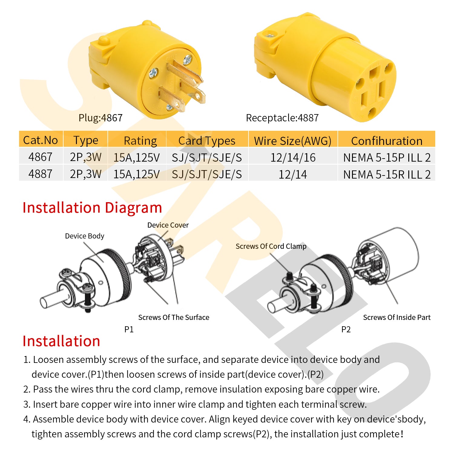 STARELO 10PCS Connector Extension Cord Ends Yellow Shell 125V 15A 2Pole 3Wire NEMA5-15R Industrial Grade 3-Prong Straight Blade Grounding Type,UL Listed(Female).